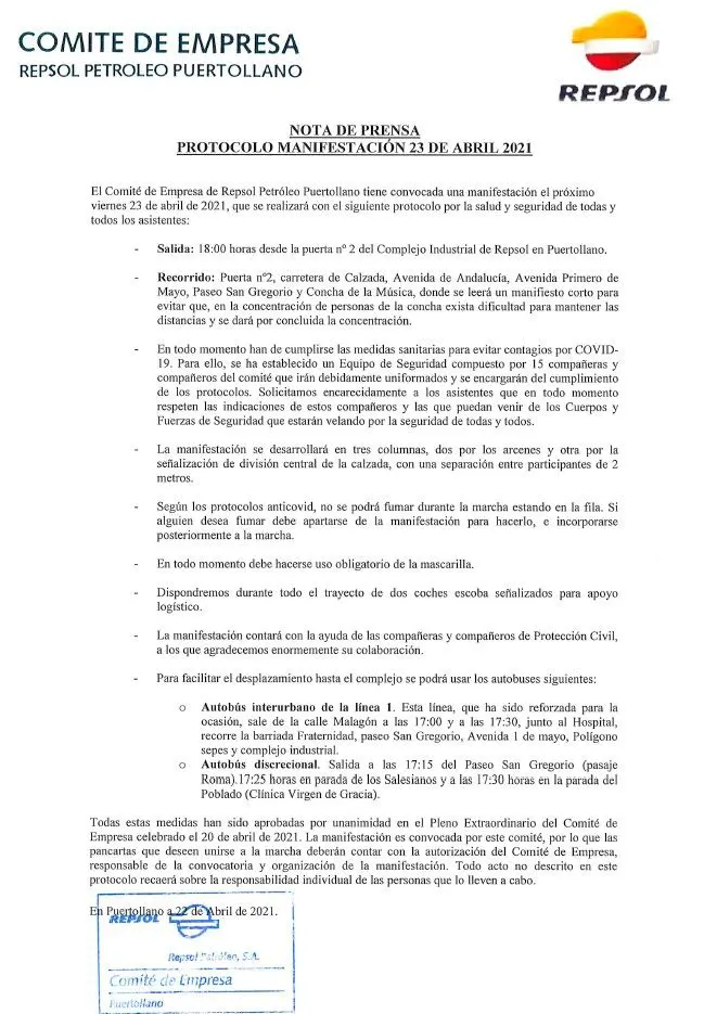 CLM: El Comité de Empresa de Repsol Puertollano ha enviado el protocolo para la manifestación convocada para el día de mañana 23 de abril. 1 comite de empresa Repsol Puertollano