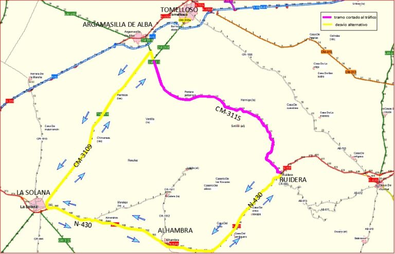 Mapa corte carretera y trayecto alternativo