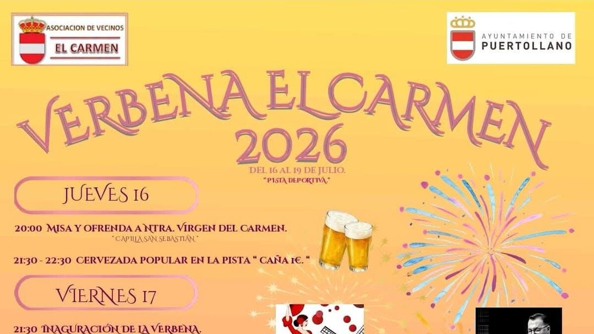 cartel fiestas patronales con actuaciones musicales y actividades populares en Puertollano.