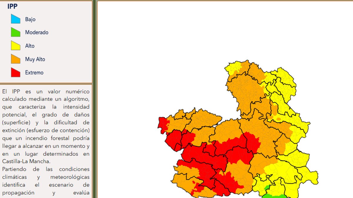Servicio de Protección Civil informa de la alerta roja por riesgo extremo de incendios forestales en Puertollano y Castilla-La Mancha.