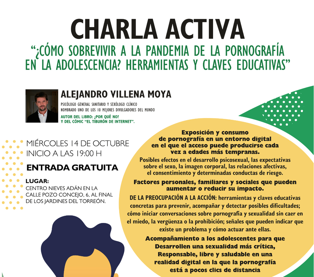 Cartel Charla de la Escuela de Familias de Ciudad Real sobre prevención y educación ante el consumo de pornografía en la adolescencia.